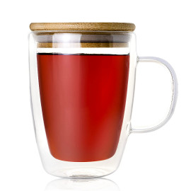 Buy Coffee glass vaccum wood lid mug 370ml in Saudi Arabia