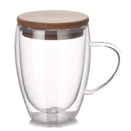 Buy Coffee glass vaccum wood lid mug 370ml in Saudi Arabia 2