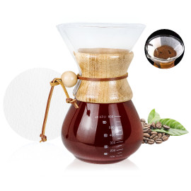 Pour Over Chemex Style Coffee Maker | Drip Glass Pot Kit Containing 40 Round Coffee Paper Filters and Glass Bowl For a Coffee Ma