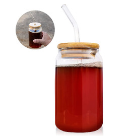 Juice Glass Jar Wood Lid With Straw 400ml Glass Straw Cups with Wood Iced Coffee Glasses Portable Beverage Cups Tumbler Cup for 