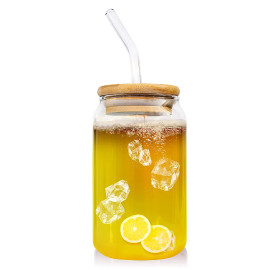 Juice Glass Jar Wood Lid With Straw 400ml Glass Straw Cups with Wood Iced Coffee Glasses Portable Beverage Cups Tumbler Cup for  2