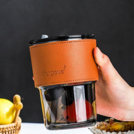 Coffee cup with straw leather holder black 450ml 2