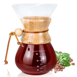 COFFEE GLASS DRIP POT WOOD NECK 600ML WIDE MOUTH