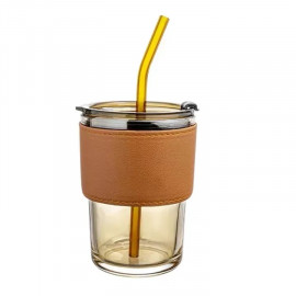 glass cup with straw and cover brown G-1420 450ml