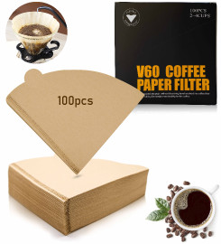 V60 Paper Filter, Brown, Made from Wood Pulp, 100pcs with Box, Ideal for V60, Pour Over, and Drip Coffee Makers