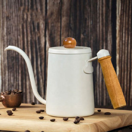 Pour Over Coffee Kettle 600ml - Stainless Steel with Wooden Handle & Lid Cap, White Color, Gooseneck Spout