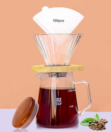 V60 Coffee Set 3pcs Pour Over Coffee Maker Set 550ml Server, Dripper with Wooden Base, 100pcs White V-Shape Paper Filters