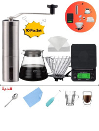 DOPPIO 10 Pcs V60 Premium Pour Over Manual Coffee Maker with Manual Grinder Dripper Set