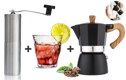 Omran Cart Moka Pot 300ml with Manual Coffee Grinder and 160ml Glass Coffee Cup Stovetop Espresso Maker