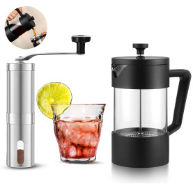 Omran Cart French Press Coffee Maker 600ml with Manual Coffee Grinder and 160ml Glass Cup Manual Brewing Set