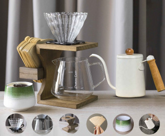 Omran Cart V60 Coffee Set Pour over coffee maker V60 holder, kettle with wooden handle, Server, dripper, filters & cup