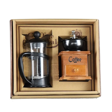 Coffee Gift Set Glass & Wood - Grinder and French Press