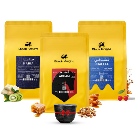 MIRBU BLACK Knight Coffee Set – Adam, Chaffee, Maria Beans for V60 & Espresso + Ceramic Cup