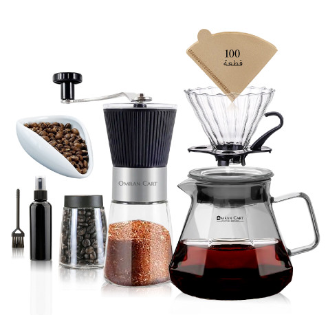 طقم قهوة V60 من أمران كارت – 8 قطع: سيرفر رمادي، مطحنة، قمع V60، فلتر بني، علبة بن، صينية سيراميك، بخاخ ترطيب