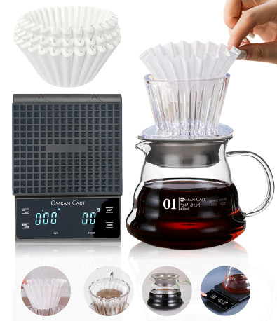 Omran Cart Wave Pour Over Set – 400ml Server, Plastic Dripper W-155, Filter Papers (100pcs), Coffee Scale with Timer