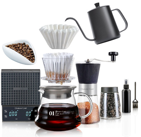 Omran Cart Wave Coffee Set – 10pcs Pour Over Kit with Server, Dripper, Filters, Grinder, Scale, Kettle, Brush & Tools