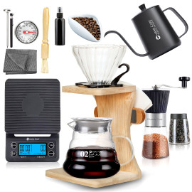 Omran Cart V60 Coffee Set 13pcs with Wooden Holder, Pour Over Kit, Server, Dripper, Filters & Accessories