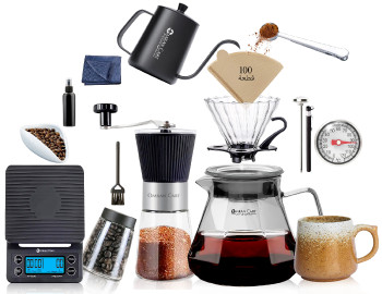 Omran Cart V60 Pour Over Coffee Set 14PCS – Smokey Grey Server, Grinder, Kettle, Filters, Dripper & Accessories