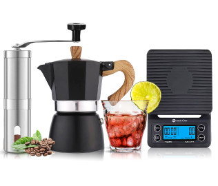 Omran Cart Moka Pot 300ml Coffee Set – Espresso Maker + Coffee Scale + Manual Grinder + 160ml Glass Cup Italian Style