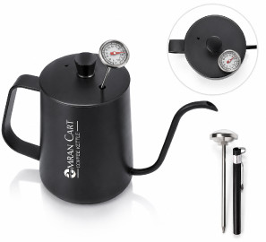 Omran Cart 600ml Gooseneck Pour Over Coffee Kettle Black with Thermometer for Water Coffee and Tea Temperature