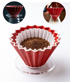 Omran Cart Ceramic Origami Coffee Dripper Red with Plastic Base for 1 to 4 Cups Pour Over Brewing