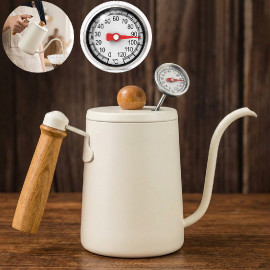 Omran Cart 600ml Gooseneck Pour Over Coffee Kettle White with Wooden Handle and Thermometer
