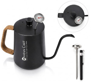 Omran Cart 600ml Gooseneck Pour Over Coffee Kettle Black with Heat Protection Rope and Thermometer